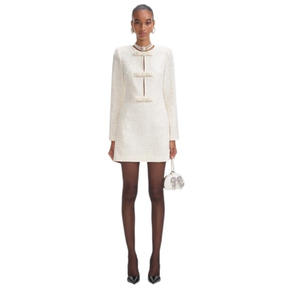 Self Portrait Cream Boucle Diamante Bow Mini Dress Nwt Size 2